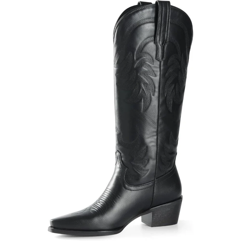 Women Pu Midnight Black Knee High Pointed Toe Block Heel Cowboy Western Boots - Picture 1 of 9